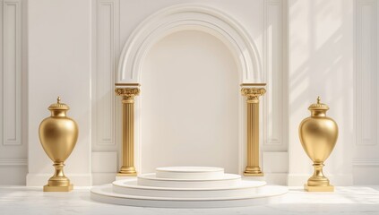 Luxurious white and gold podium with classical columns and decorative urns