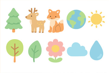 Fototapeta premium Nature and wildlife flat icon set. Trees, animals, and weather icons flat collection