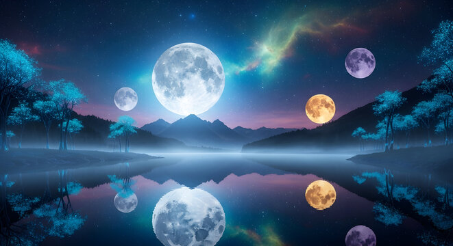 Magical moonscape reflection over tranquil lake