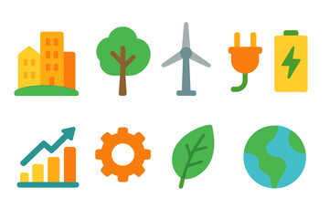 Eco-friendly energy icon set. Sustainability, renewable resources icons, flat style