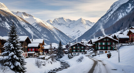Winter wonderland village nestled in snowy Alps