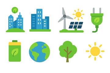 Eco-friendly, renewable energy flat icon set. Sustainable, green living icons collection