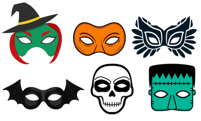 Halloween Mask Vector Pack - witch, frankenstein, bat, cat, skull, owl