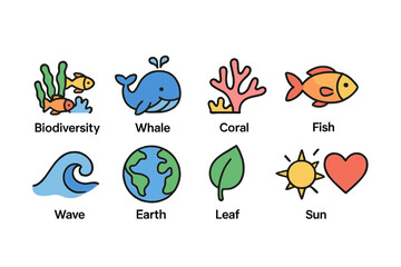 Fototapeta premium Biodiversity, ocean flat icon set. Marine life, nature conservation icons collection