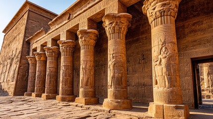Fototapeta premium Ancient temple architecture featuring intricately carved pillars and stone walls under a bright blue sky.