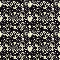 White Art Deco Floral Hearts Seamless Pattern on Black Background