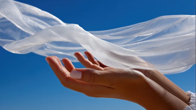 Delicate, translucent fabric floats above hands against a clear blue sky, creating a serene and uplifting atmosphere.
