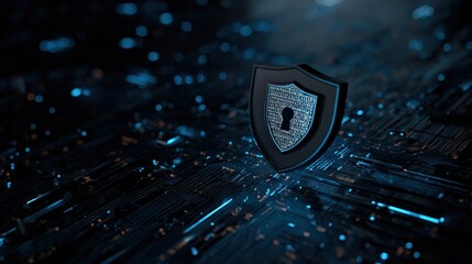 A digital security shield icon is prominently displayed against a futuristic, circuit-like background, symbolizing cybersecurity and data protection.