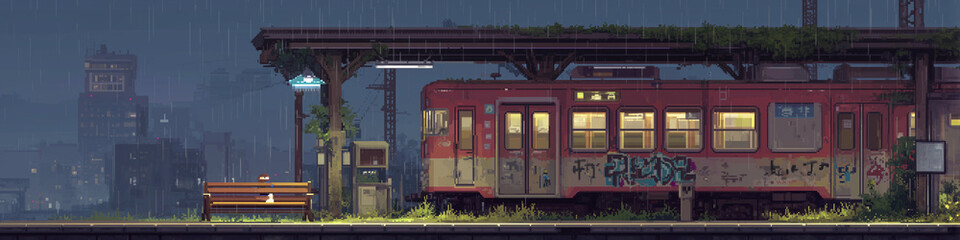 Obraz premium Empty Urban Train Station at Night with Graffiti and Rain, pixel art scene 