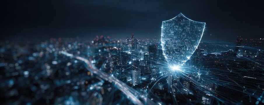 A digital cityscape illuminated by lines of light, featuring a prominent shield symbolizing cybersecurity and protection over urban infrastructure. - Powered by Adobe