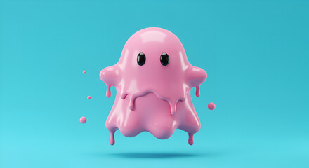 Playful pink blob character with melting drips and big eyes, floating in vibrant cyan space, evoking fun and creativity for modern designs