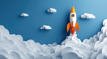 A colorful rocket launches into a sky filled with clouds, symbolizing adventure and exploration.