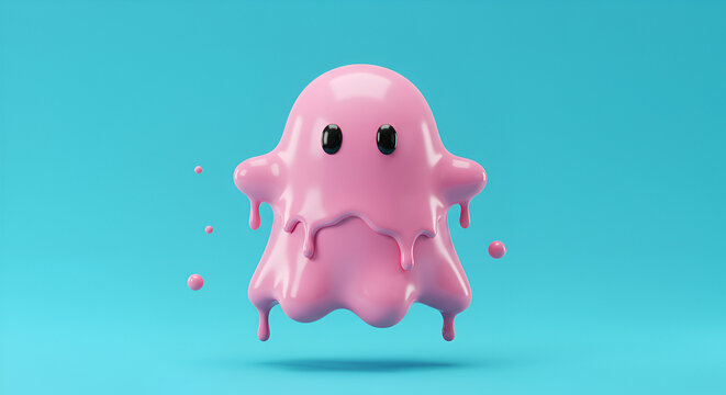 Playful pink blob character with melting drips and big eyes, floating in vibrant cyan space, evoking fun and creativity for modern designs - Powered by Adobe
