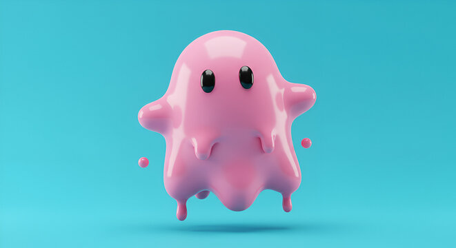 Whimsical pink blob character with big eyes floats playfully against a vibrant blue backdrop, perfect for fun digital content.