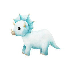 Cute dinosaur. Watercolor hand drawn prehistoric triceratops animal. Isolated illustration on transparent background. Perfect for for nursery and baby shower, tropical design projects. For designers