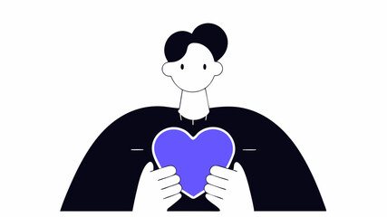 A character holding a glowing heartshaped device depicted in a soft gradient surrounded by keywords like hope trust care and belonging representing the emotional core of online