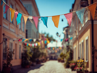 Obraz premium Small Town Street Decorated with Colorful Fabric Flags Hanging Between Buildings Sunny Afternoon Warm Tones Shallow Depth of Field Photography