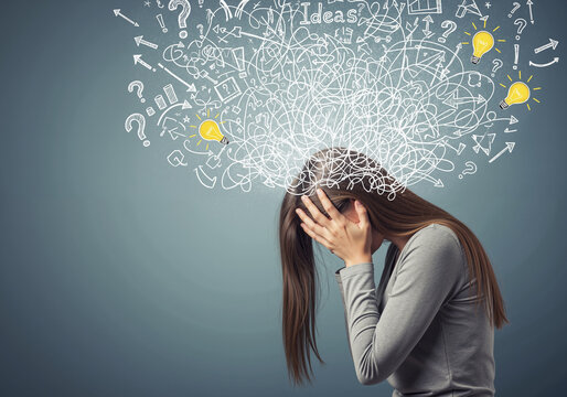 Anxious woman with confused thoughts and bright lightbulb ideas