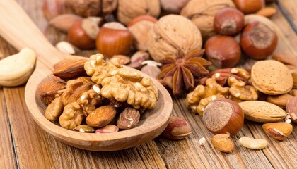 Variety of nuts with shelled and unshelled walnuts, hazelnuts, almonds, pistachios, cashews, and star anise on a rustic wooden surface with a wooden spoon