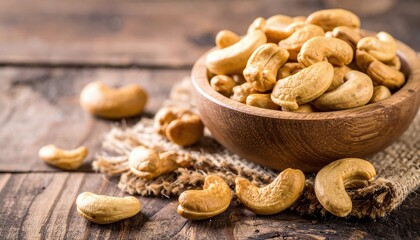 Roasted cashew nuts, golden healthy snack, in a rustic wooden bowl on a distressed wooden table with scattered nuts and burlap
