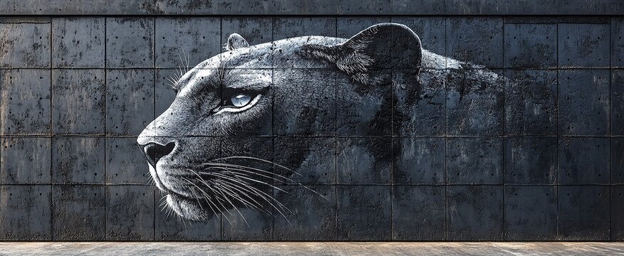 Mural of a black panther head on a concrete block wall, profile view, realistic