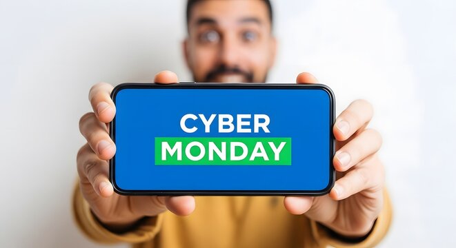 Man excitedly holding up a smartphone displaying the words "Cyber Monday" in large green and white text on a blue screen.