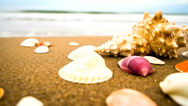 Close-up of colorful seashells scattered on sandy beach with gentle waves in background