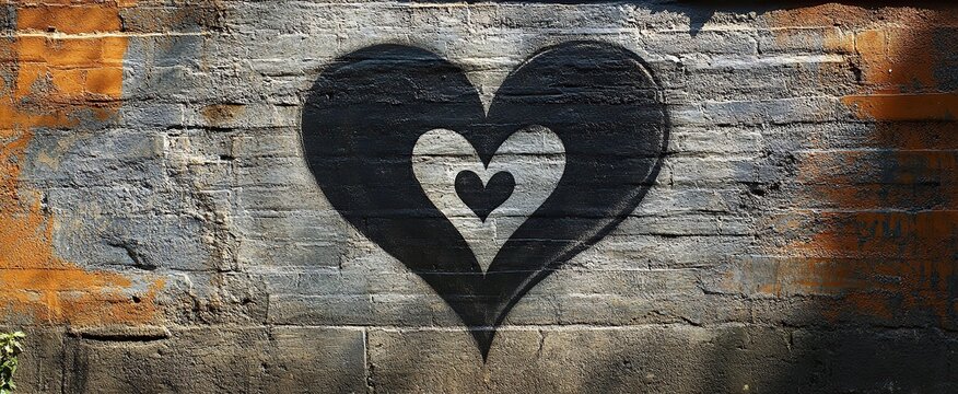 Heart-shaped graffiti on a distressed brick wall with three nested hearts