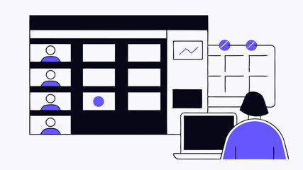 An animated sequence showing a digital planning tool being used by volunteers to coordinate virtual events with features indicating scheduling task assignment and collaborative