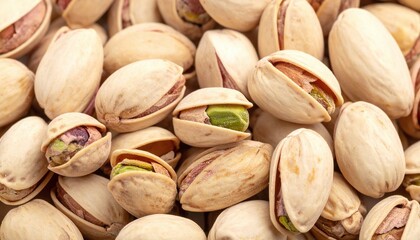 Roasted pistachios in shells, close-up full frame view with some nuts opened showing green kernels
