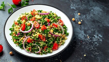 Vibrant quinoa tabbouleh salad with fresh parsley, tomatoes, chickpeas, and red onion, served on a dark textured background