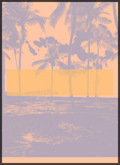 Tropical sunset with palm trees and ocean waves in pastel orange and violet tones, minimal modern aesthetic for travel, summer, and relaxation themes © Jarliel
