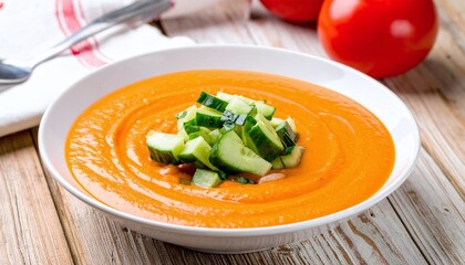 Vibrant orange gazpacho soup garnished with fresh diced cucumber in a white bowl on a rustic wooden table