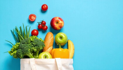Reusable shopping bag full of colorful fresh fruits and vegetables, with some items scattered on a light blue background