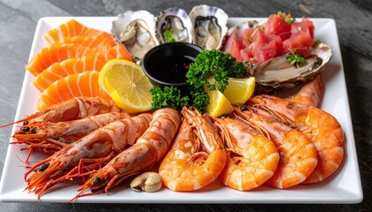 Fresh mixed seafood platter with cooked shrimp, salmon and tuna sashimi, oysters, lemon, parsley, and soy sauce on dark grey background