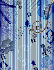 Abstract Ornamental Textile Design with Floral and Damask Motifs on Striped Blue Gray Background