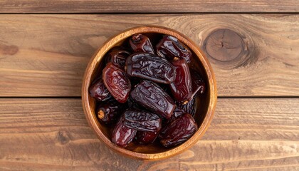 Dark brown dried dates in a wooden bowl on a rustic wooden table