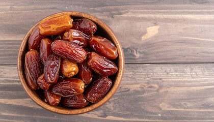 Sweet brown dried dates in wooden bowl on dark wooden table