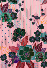 Stylized Floral Pattern with Abstract Elements on Pink Background Featuring Green Red Purple Blooms