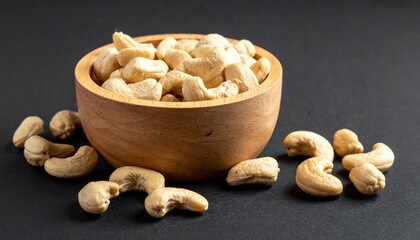 Roasted cashew nuts in a wooden bowl with some scattered on a dark background