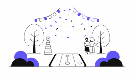 An artistic depiction of a local park where community members are engaging in games and activities with vibrant confetti falling from above symbolizing shared joy in a recent