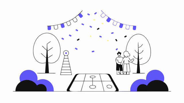 An artistic depiction of a local park where community members are engaging in games and activities with vibrant confetti falling from above symbolizing shared joy in a recent