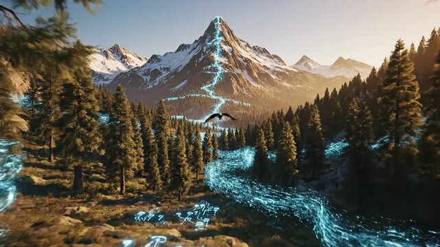 Forest landscape with technology lines large trees mountain background and digital data