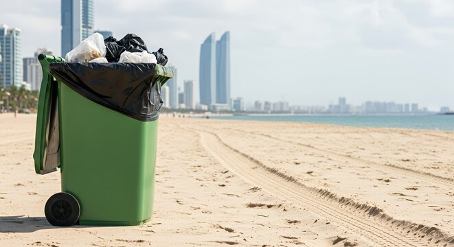 Green Trash Bin Filled with Garbage on Sandy Beach Near City Skyline