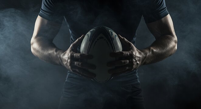 Rugby Player Gripping Ball Tightly with Dramatic Smoke Background - Powered by Adobe