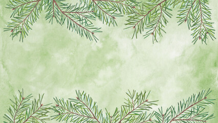 Elegant watercolor frame with fir branches on green background. Soft texture and natural tones make it perfect for winter invitations, Christmas cards, or eco-style holiday designs.