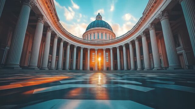 Grand building with colonnades forming a curved facade leading to a dome under sky