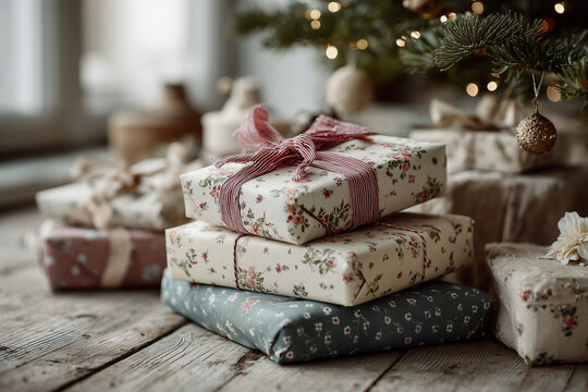Weihnachtsgeschenke unter festlich geschm&uuml;cktem Baum &ndash; gem&uuml;tliche weihnachtliche Stimmung im Zuhause