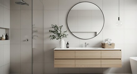 Modern minimalist bathroom vanity with floating wood drawers and oval mirror above a white sink with subtle tile wall and shower fixtures