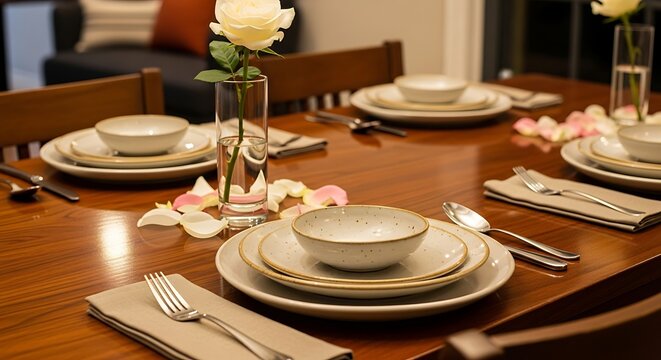 Elegant formal dining table setting with white rose centerpiece and delicate floral petals for a special occasion dinner party or celebration